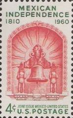Red and green 4-cent U.S. postage stamp picturing bell