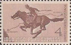 Brown 4-cent U.S. postage stamp picturing Pony Express rider on horse