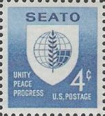 Blue 4-cent U.S. postage stamp picturing SEATO emblem
