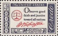 Blue and red 4-cent U.S. postage stamp bearing quote, 'Observe good faitha nd justice toward all nations'