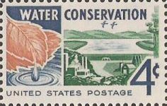 4-cent U.S. postage stamp picturing leaf, reservoir, and buildings