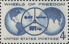 Blue 4-cent U.S. postage stamp picturing globes and wheel