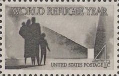 Gray 4-cent U.S. postage stamp picturing refugees