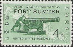 Green 4-cent U.S. postage stamp picturing soldier and cannon