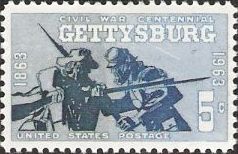 Gray and blue 5-cent U.S. postage stamp picturing soldiers fighting