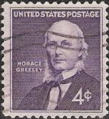 Purple 4-cent U.S. postage stamp picturing Horace Greeley