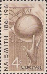 Brown 4-cent U.S. postage stamp picturing hand, basketball, and hoop