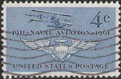Blue 4-cent U.S. postage stamp picturing biplane and wings