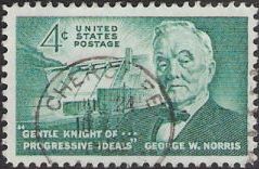 Green 4-cent U.S. postage stamp picturing dam and George Norris