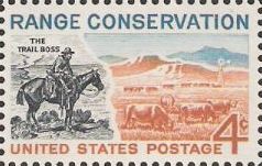 4-cent U.S. postage stamp picturing cattle and cowboy on horse