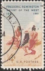 4-cent U.S. postage stamp picturing Native Americans by fire
