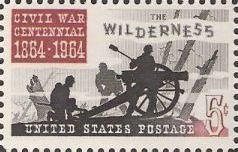 Maroon and black 5-cent U.S. postage stamp picturing soldiers and cannon