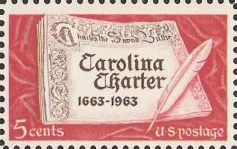Red and black 5-cent U.S. postage stamp picturing Carolina Charter and quill