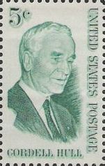 Green 5-cent U.S. postage stamp picturing Cordell Hull