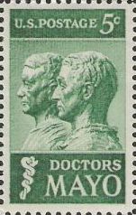 Green 5-cent U.S. postage stamp picturing busts of William and Charles Mayo