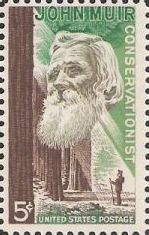 5-cent U.S. postage stamp picturing John Muir and forest