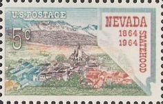 5-cent U.S. postage stamp picturing city and outline of Nevada