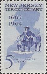 Blue 5-cent U.S. postage stamp picturing explorers and outline of New Jersey