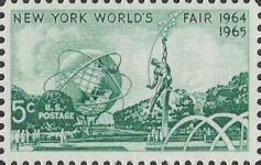 Green 5-cent U.S. postage stamp picturing scene from New York World's Fair
