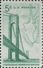 Green 5-cent U.S. postage stamp picturing Verrazano-Narrows Bridge
