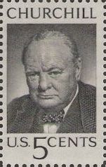 Black 5-cent U.S. postage stamp picturing Winston Churchill
