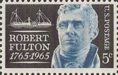 Black and blue 5-cent U.S. postage stamp picturing Robert Fulton