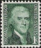 Green 1-cent U.S. postage stamp picturing Thomas Jefferson