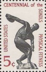 Black and maroon 5-cent U.S. postage stamp picturing statue of discus thrower