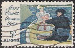 5-cent U.S. postage stamp picturing portion of Mary Cassatt painting picturing family in a rowboat