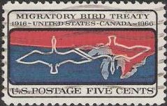 5-cnt U.S. postage stamp picturing U.S.-Canadian border and outlines of ducks