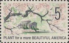5-cent U.S. postage stamp picturing cherry blossoms and Jefferson Memorial