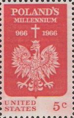 Red 5-cent U.S. postage stamp picturing Polish eagle
