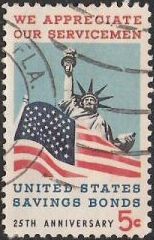 5-cent U.S. postage stamp picturing American flag and Statue of Liberty