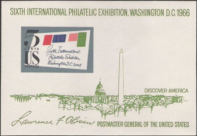 Souvenir sheet containing 5-cent U.S. postage stamp picturing stylized envelope