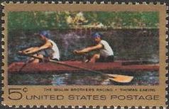 5-cent U.S. postage stamp picturing Thomas Eakins painting 'The Biglin Brothers Racing'