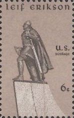 Gray 6-cent U.S. postage stamp picturing statue of Leif Erikson