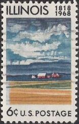 6-cent U.S. postage stamp picturing fields and farm