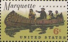 6-cent U.S. postage stamp picturing Jacques Marquette and party in canoe
