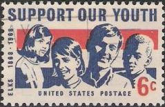 Blue and red 6-cent U.S. postage stamp picturing children