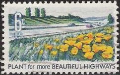 6-cent U.S. postage stamp picturing flowers and highway