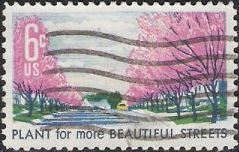 6-cent U.S. postage stamp picturing tree-lined street