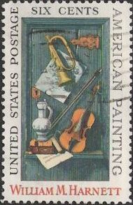 6-cent u.S. postage stamp picturing William Harnett painting