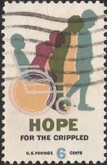 6-cent U.S. postage stamp picturing wheelchair and children's silhouettes