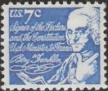 Blue 7-cent U.S. postage stamp picturing Benjamin Franklin