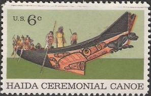 6-cent u.S. postage stamp picturing Native Americans in canoe