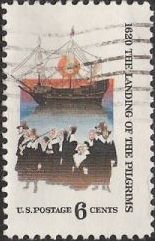 6-cent U.S. postage stamp picturing Pilgrims and The Mayflower
