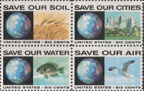 Block of four 6-cent U.S. postage stamps picturing Earth