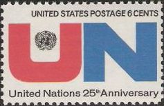 6-cent U.S. postage stamp picturing United Nations logo and letters 'UN'