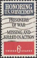 6-cent US. postage stamp with text 'Honoring U.S. Servicemen,' 'Prisoners of War,' and 'Missing and Killed in Action'