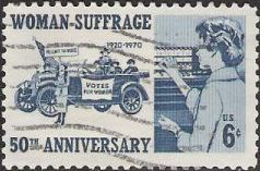 Blue 6-cent U.S. postage stamp picturing women voters